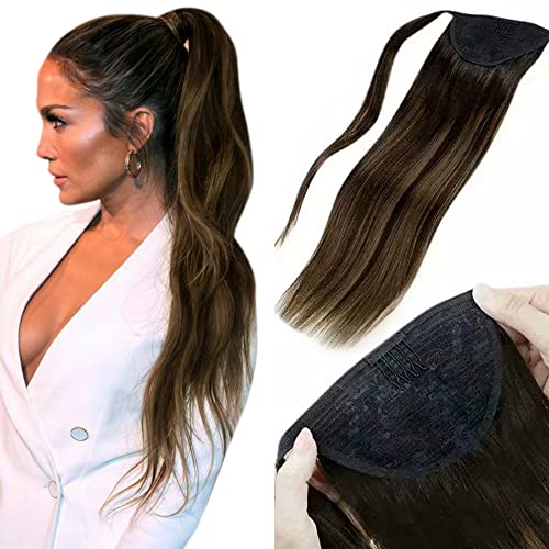 LAAVOO Human Hair Ponytail Extension Brown Clip in Wrap Around Ponytail Balayage Dark Brown with Light Brown Silky Straight Ponytail Hair Piece for Women 80gram 18"