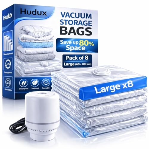 Image of Pack of 8 Large (60x80 cm) Space Saver Bag for Clothes,Blankets,Pillows,Bedding,Vacuum Bags With Electric Pump-Airtight Ziplock Compression Reusable Packing Bags,Storage Bags