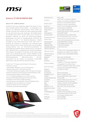 MSI Katana 17 HX Gaming Laptop, 17.3 Inch Full HD, Intel Core i7 14650HX, NVIDIA GeForce RTX 5070, 16GB DDR5, 1TB SSD, Windows 11 Home, QWERTZ Keyboard, Black, B14WGK-060