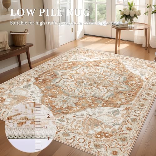 Boho Area Rug 6x9 Washable Large Vintage Rug for Living Room Bedroom Office Kitchen Entrance Dining Room Non Slip Soft Low-Pile Farmhouse, Caramel/Beige/Multi