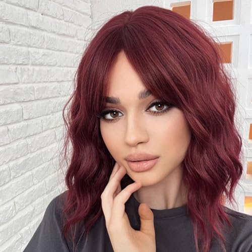 WOKESTAR Bob Curly Wig with Fringe, Short Synthetic Wavy Wigs for Women Wine Red Color, 12 inch