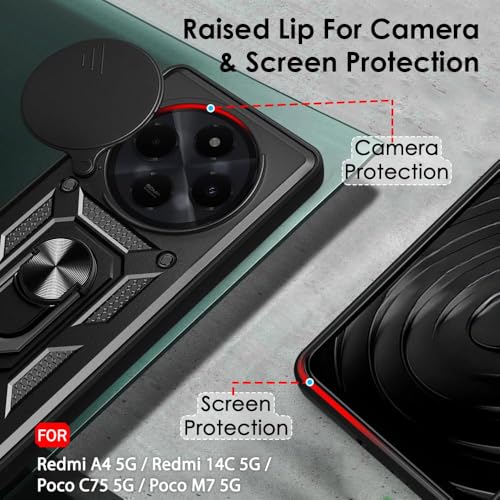Image of Luxe Back Cover for Poco M7 5G / Redmi 14C 5G / Redmi A4 5G / Poco C75 5G | D10 Tough Armor Case | Sliding Camera Shield | 360 Protection | Kickstand Ring Holder | Military-Grade Shockproof
