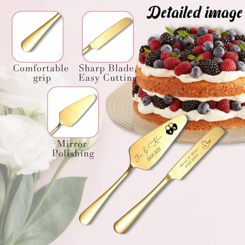 Personalized Cake Cutting Set for Wedding with Names Text Custom Cake Knife and Server Set for Newlyweds Weddings Anniversaries and Special Occasions (Gold) - Image 4
