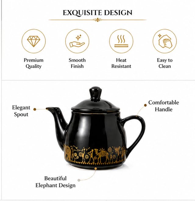 Image of Premium Ceramic Tea Set with Teapot and 6 Cups, Black with Gold Elephant Design, Traditional Indian Theme. (Black)