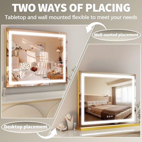 FENNIO 23" x 18" Vanity Mirror with Lights,LED Makeup Mirror,Hollywood Mirror with 3 Color Modes & Adjustable Brightness,Vanity Mirror Square Gold