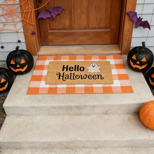 SKYPEA 2 Pcs Halloween Coir Doormat for Home 27.5 x 43 Inches with Orange & White Buffalo Plaid Rug, Layered Non Slip Welcome Mats for Halloween Party, Patio & Indoor Outdoor Decor - image 3
