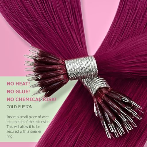 Image of YoungSee Nano Tip Hair Extensions Magenta Nano Bead Hair Extensions Human Hair 24 inch Nano-Link Hair Extension Long Hair Burgundy Colored for Photo Shoots 25 Strands 25g