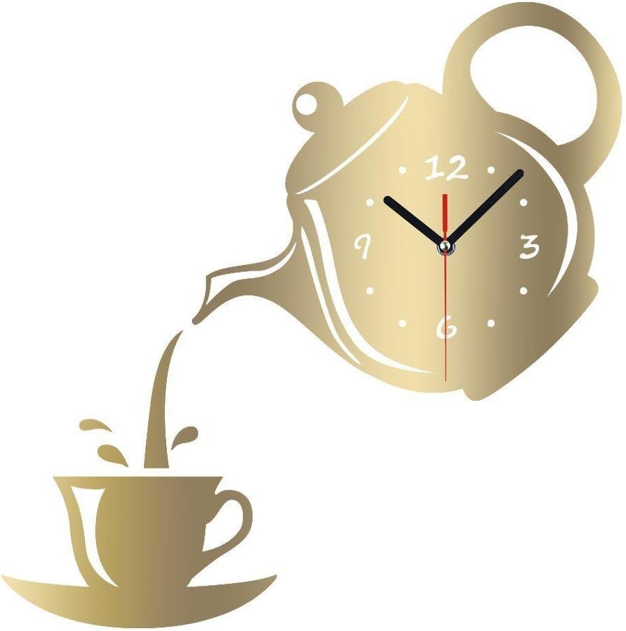 DIY 3D Wall Clock Acrylic Coffee Cup Teapot Shape Decorative Kitchen Wall Clocks Living Room Dining Room Home Decor Clock Stickers Removable, Gold