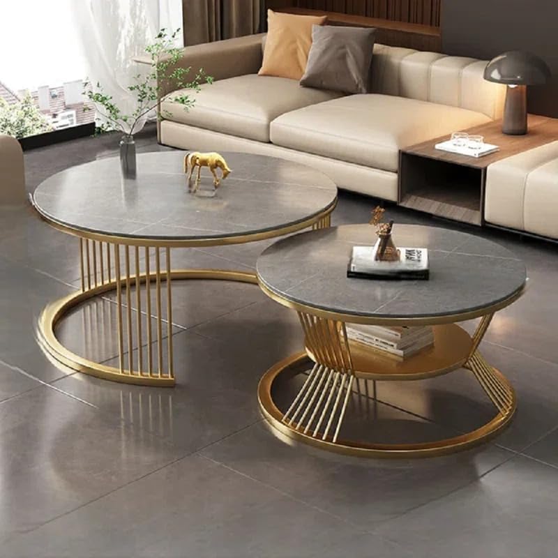Modern Round Nesting Coffee Table Set of 2 with Marble Finish Top & Black Metal Frame | Contemporary Center Table & Side Table for Living Room, Bedroom, Apartment & Office Décor (Grey Golden)-image-13