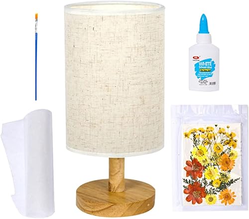 Uonlytech Lámpara de noche de flores prensadas lámpara de escritorio cilíndrica lámpara de mesa de tela LED con herramientas para manualidades y