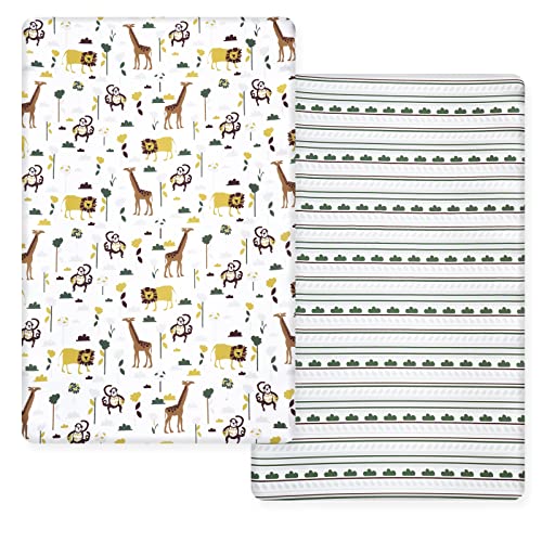 Image of PHF 100% Cotton Mini Crib Sheets 2 Pack,Soft Breathable Pack N Play Sheets for Baby Boys Girls,Premium Baby Sheets Fits Pack N Play,Playard and Portable Mini Crib Mattresses,Jungle/Monkey