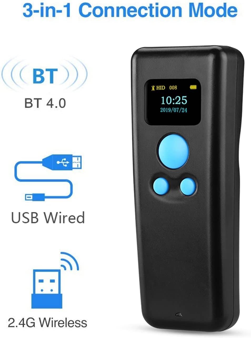 Skanery kodów kreskowych, kieszonkowy Mini skaner Bluetooth 2.4G magazyn logistyka detaliczna skaner kodów kreskowych bezprzewodowy czytnik z ekranem, może szybkie skanowanie (Color : 1 UK, Size : 2