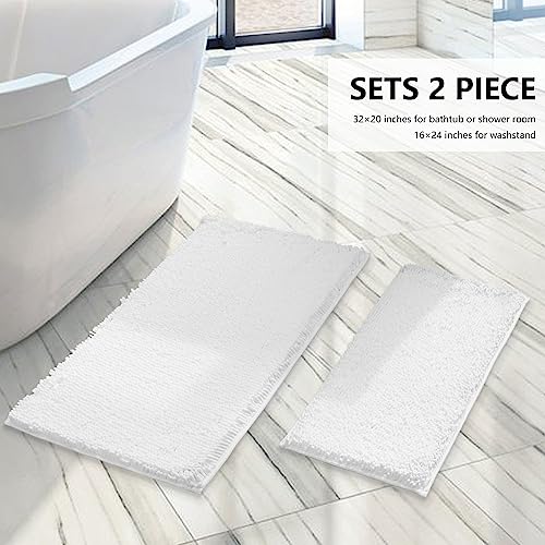 Image of BOANKODU White Bathroom Rugs Sets 2 Piece, Soft Chenille Bath Mat Absorbent Bathroom Rug, Bathroom Mat with PVC Non-Slip Bottom, Machine Washable Bath Rugs (32x20 Inch + 24x16 Inch, White)
