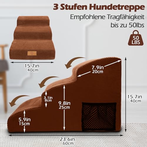 Eukue Hundetreppe 3 Stufen, Hundetreppen für Kleine Hunde und Katzen, Tragbare Hunderampe für Bett und Sofa, Hochdichtem Schaum Haustiertreppe mit Bezug und Tasche, Braun