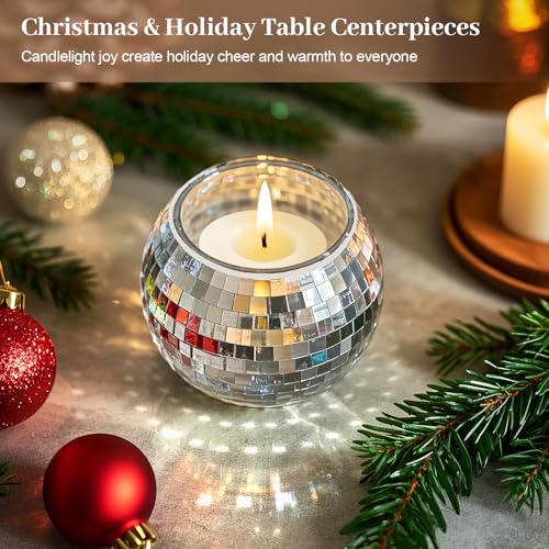Image of Luditek Disco Ball Candle Holders, 12 Pcs Mirror Silver Decor for Christmas Birthday Wedding NYE Party Decorations, Glass Votive with Tealights for Home Table Centerpiece, Gifts for Women
