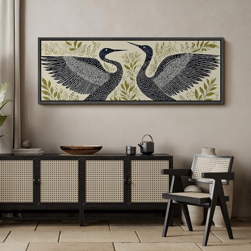Image of MUDECOR Large Framed Canvas Print Wall Art Modern Crane Birds with Green Botanical Antique Retro Ready to Hang Painting for Living Room Bedroom Multi-Sizes - 60 inchx20 inch