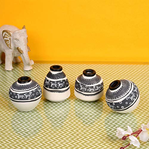Image of AAKRITI ART CREATIONS Ladder Wall Decor 4 White Handcrafted Warli Pots | Wooden Wall Hanging Shelf Terracotta Vases | Matte Finish Decorative Wall Art for Living Room, Entryway & Gifting