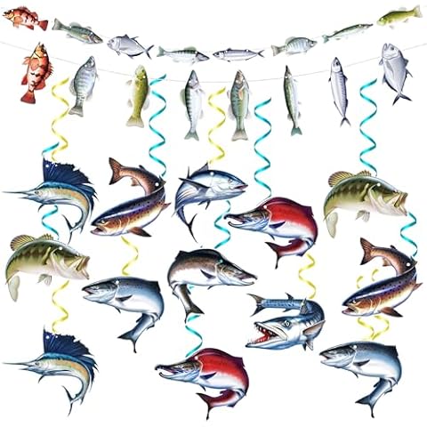 18 pcs Gone Fishing Party Decorations Set, Fishing Party Banner Hanging Swirls for Fishing Theme Birthday Party Outdoor Salt Water Barbecue Party Decorations Supplies Cover