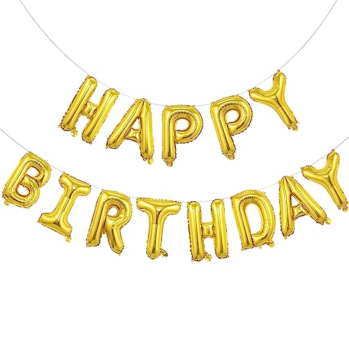 Image of Happy Birthday Banner (3D Gold Mylar Foil), 16 Inch Happy Balloon Banner, Boys & Girls Birthday Decorations Party Supplies