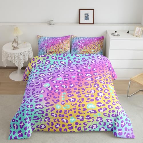 Image of Feelyou Girls Colorful Leopard Comforter Set - Women & Kids Cheetah Print Bedding - Toddler Size - All Seasons - Safari Animal Print Quilt & Duvet Set