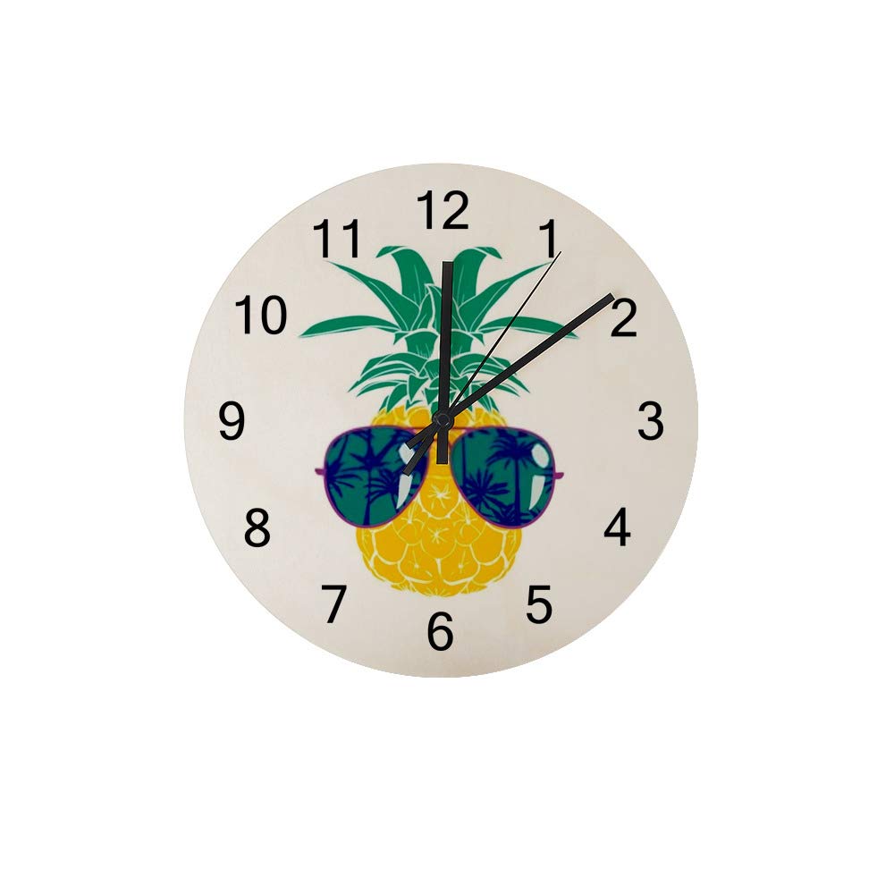 Horloge murale Ananas en bois ronde a piles style vintage avec mouvement quartz silencieux