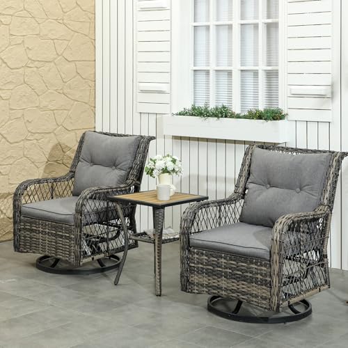 Outsunny 3 Pieces Wicker Patio Furniture Set, Rattan Bistro Set with Swivel Glider Chairs, Cushions, Bistro Table Set Outdoor Patio Conversation Set for Porch Balcony, Grey - Image 3