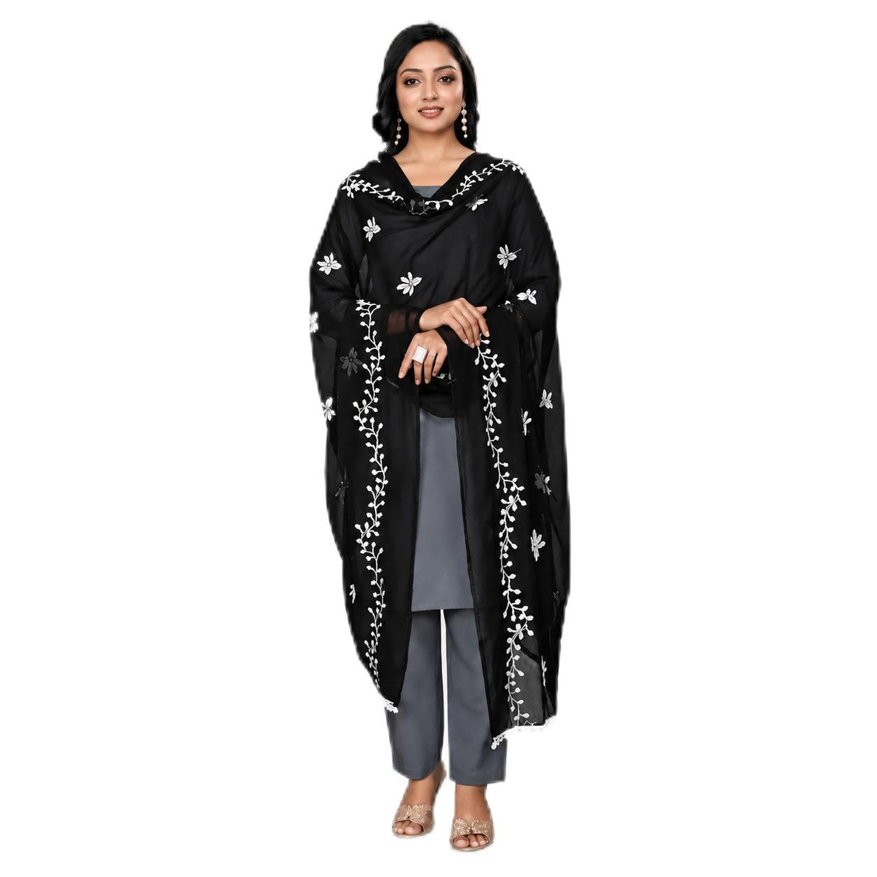 Black Embroidered Chiffon Dupatta for Girls with White Floral Embroidery & Lace Border | Soft Lightweight Ethnic Dupatta for Kurti Salwar Suit Palazzo | Festival Traditional Dupatta-picture-26