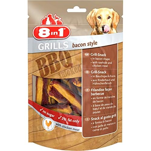 8in1 Grills Bacon Style Hähnchenfleisch, Belohnung für Hunde mit hochwertigem, 4 Packungen (4 x 80 g)