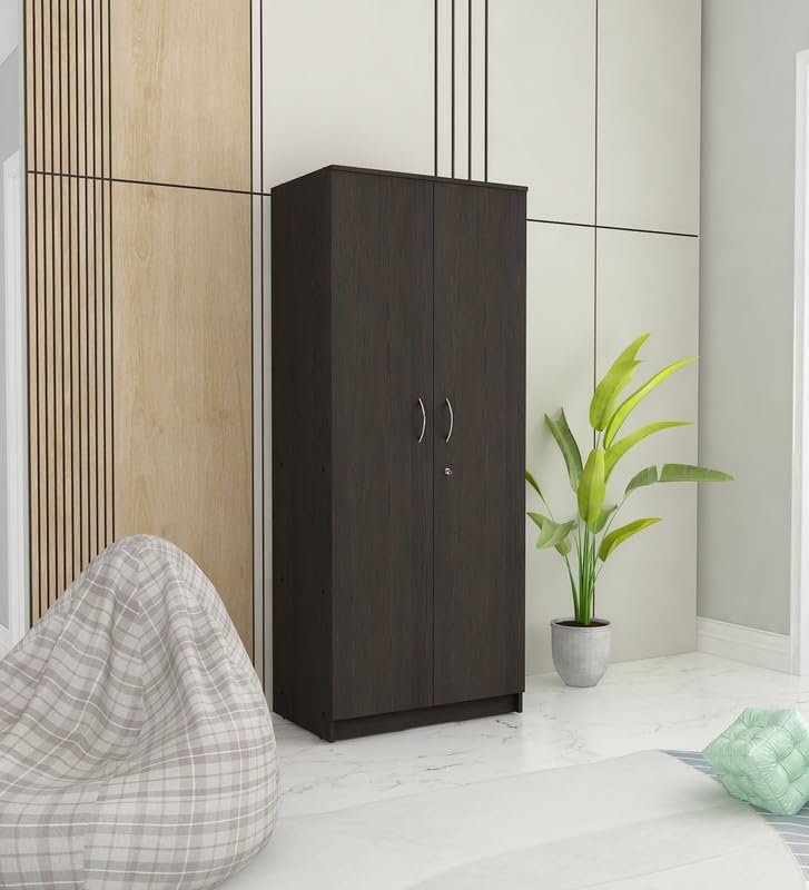 Image of Lara Multipurpose 2-Door Wardrobe | Engineered Wood | Spacious Shelves & Hanging Rail | Dark Wenge Finish | Durable & Compact | Easy Knock-Down Assembly