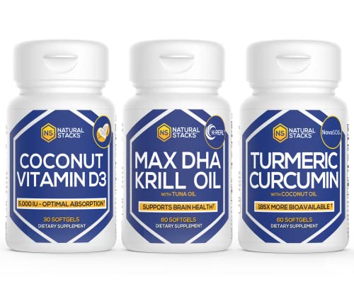 Natural Stacks Essentials Bundle: Antarctic Krill Oil (60 Softgels), Vitamin D3 (30 Softgels), And Curcumin (60 Softgels) Supplements For Optimal Health #TOP17