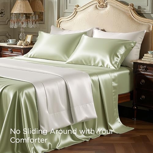Image of Bedsure Green Satin Sheets King Size, Soft Silky Bedsheets for Hair & Skin | Similar to Silk Bed Sheets Set 4 Piece with 15 Inches Deep Pocket Fitted Sheet,1 Flat Sheet, 2 Satin Pillowcases