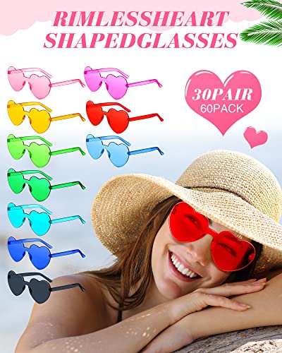 Cindeer 60 Pairs Heart Sunglasses Frameless Heart Shaped Sunglasses Bulk Transparent Candy Color Trendy Fun Rimless Glasses for Women Party Favor, 30 Colors3
