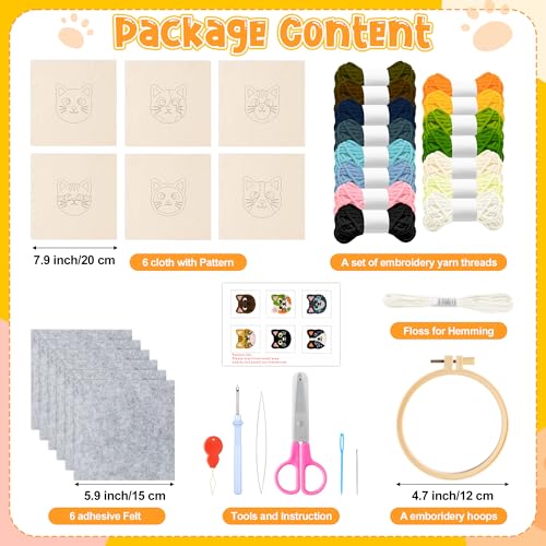 Image of WATINC Craft Punch Needle Coaster Kit, 22Pcs Easy Art Work Decor Craft Supply for Beginners, DIY Set of 6 Kitten Head Pattern Tufted Rug Pads with Adhesive Felt Yarns Embroidery Hoop Tools Instruction