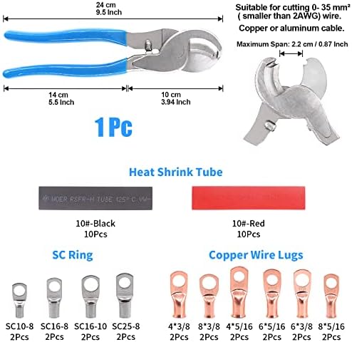 Glarks 42Pcs Battery Cable Lug Crimping Tool Wire Crimper with Cable Cutter and Wire Lugs Ring Terminal Connectors and Heat Shrink Tubing for 10, 8, 6, 4, 2, 1/0 AWG Wire Cable Cutting and Crimping