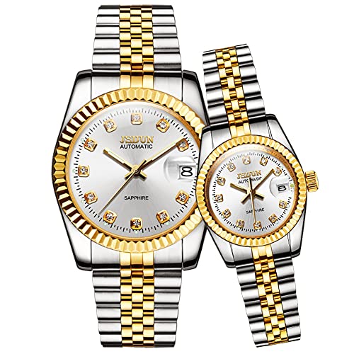 JSDUN Couple Matching Watches Mechanical Automatic Luxury Classic Watches Stainless Steel 3ATM Waterproof Luminous Wrist Watch for Her and His Set of 2 White dial Watch