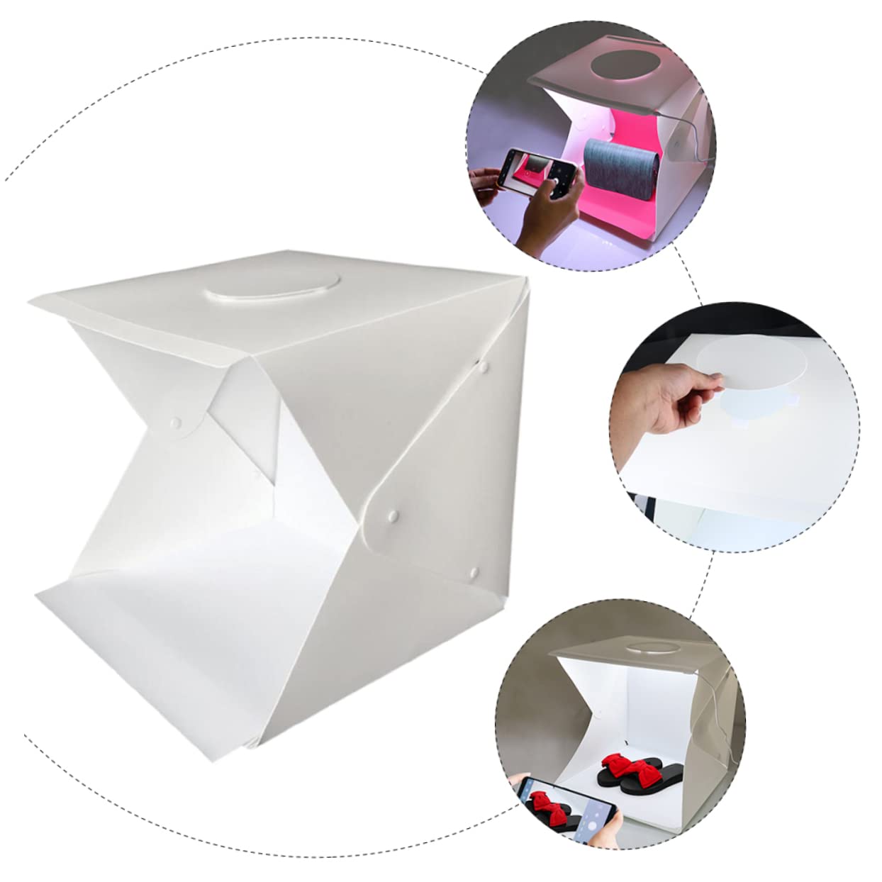 Caja de Luz Fotográfica Portátil Plegable 40cm Luces LED Integradas, Plástico Blanco, Montaje Fácil para Fotografía de Productos y Objetos Pequeños