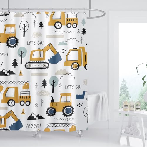 Image of Construction Truck Shower Curtain Cartoon Excavator Vehicle Tractor Cars for Boys Kids Machinery Navy Blue Yellow Bathroom Decor Waterproof Fabric 72Lx72W Inch with Hooks