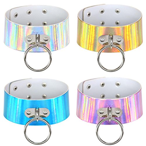 FM FM42 Multicolor Holographic Hologram PU Large O Shape Ring Neckband Choker Necklace Set, 4PCs PN1560