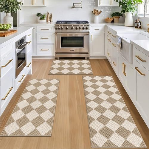 SHACOS 3Pcs Kitchen Mats for Floor, Non Slip Kitchen Rugs Absorbent Resist Dirt, Machine Washable Runner Rug for Kitchen, Sink, Laundry, Floor, Office (17"x30"+17"x47"+17"x59",Beige/White) by SHACOS - Used condition - CA$33.29