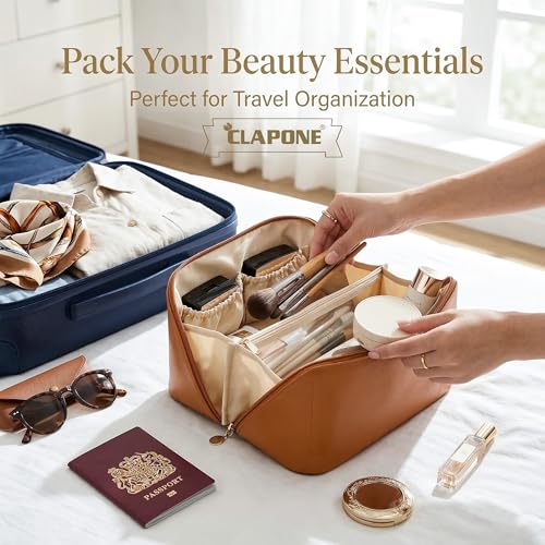 Image of Cosmetic Bag for Women, PU Leather Makeup Pouch, Large Capacity Travel Makeup Organizer with Divider & Handle, Waterproof Portable Vanity Storage Bag for Toiletries (Brown)