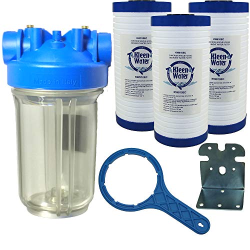 KleenWater Premier Whole House Water Filter System, Transparent Housing, Three Dirt Rust Sediment Cartridges, 1 Inch Inlet/Outlet