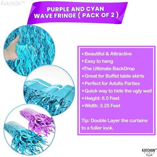 Image of KatchOn, Large Wavy Purple and Blue Fringe Curtain - Pack of 2 | Mermaid Birthday Decorations, Beach Party Decoration | Purple and Blue Foil Fringe for Under The Sea Party Decorations