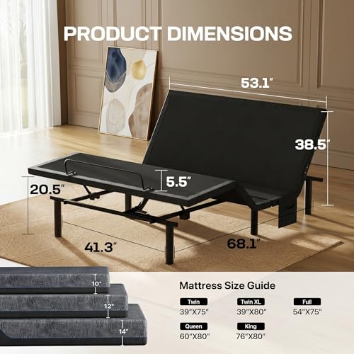Image of Marsail Queen Adjustable Bed Frame, Dual Motor Electric Bed Base with Head and Foot Incline, Zero Gravity, Wireless Remote Control, 4 USB Ports, LED Night Light, Adjustable Height Legs