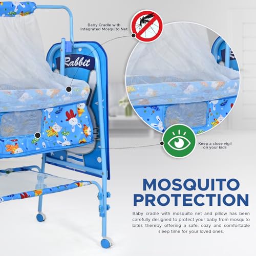 Image of Bubblebaby Premium Sturdy & Safe Baby Cradle Jhula /Palna /Bed /Ghodiyu /Baggi /Baby Bedding with Mosquito Net 360 Rotating Wheels & Lock Storage Mattress for 0-13 Months Boys Girls (Blue)1 Count