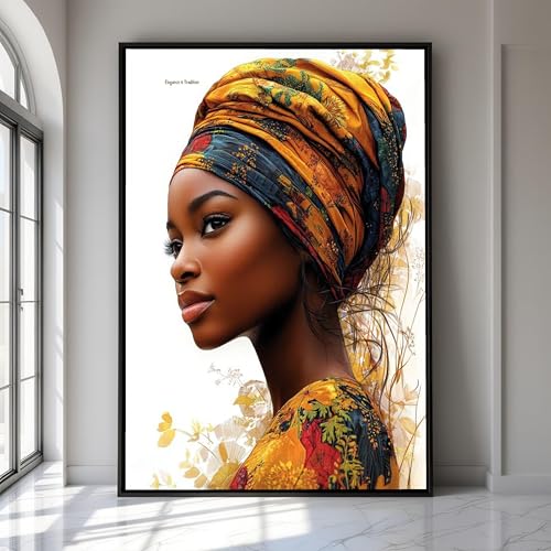 Tableau femme africaine pour salon moderne peinture foulard coloré sans cadre