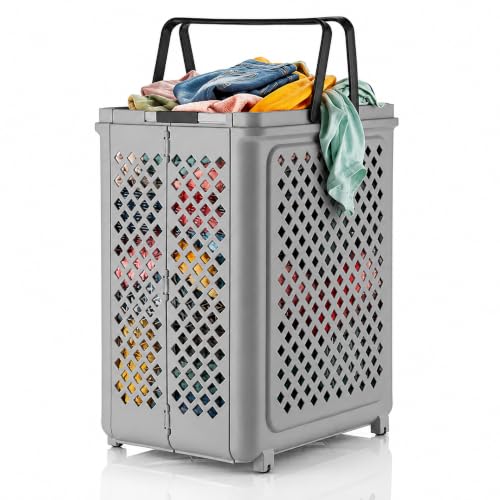 Image of JD FRESH Large 45 Liters Foldable Laundry Basket /Multipurpose Laundry Bag for Clothes with Wheels and Integrated Handles /Movable Plastic Clothes Basket /Laundry Bucket for Home & Laundry Room (Grey)