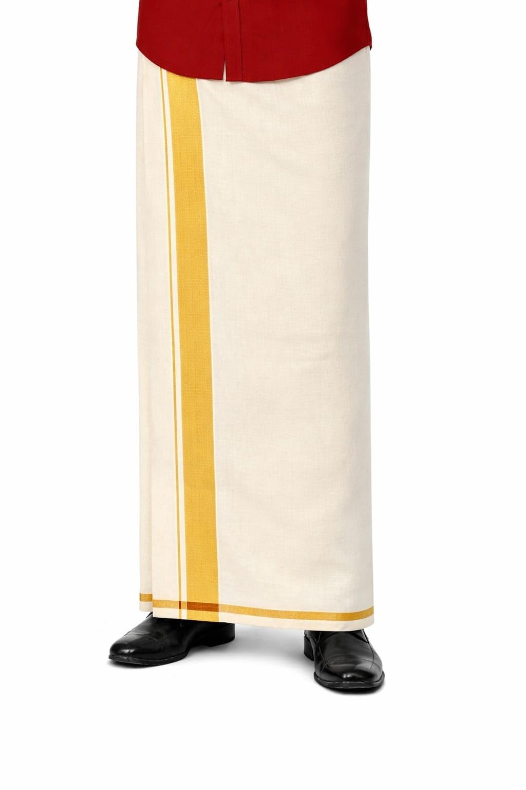 Double Kasavu Kara Mundu for Men | 1 inch border |Cream Cotton Blend Dhoti with Gold Jari Border | Traditional Kerala Mundu|400x127 cm-picture-20