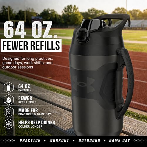 Image of Under Armour Insulated Water Bottle with Handle & Fence Hook, Half Gallon Sports Water Jug, Leak-Resistant & BPA-Free for Baseball, Football & Gym - Jet Grey /Black, 64oz