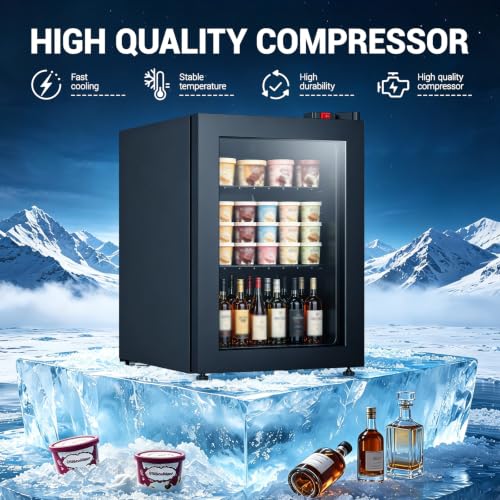 Image of Compact Mini Freezer with LED Light 3-Layer Glass Display Door 2.1 Cu Ft with 2 Removable Shelves Quiet Upright Freezer 7 Temperature Settings Perfect for Liquor and Ice Cream