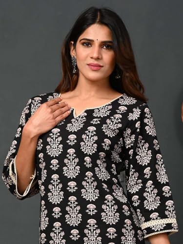 Image of Rimeline Women's Floral Printed Cotton Kurti Top | Round Notch Neck 3 /4 Sleeve Straight Fit Casual Tunic